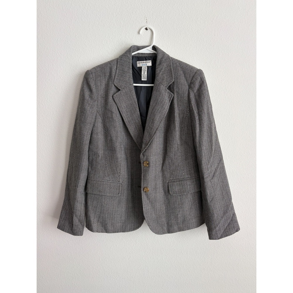 Covington Blazer Jacket Women L 14-16 Gray Herringbone Wool Notch Lapel Business